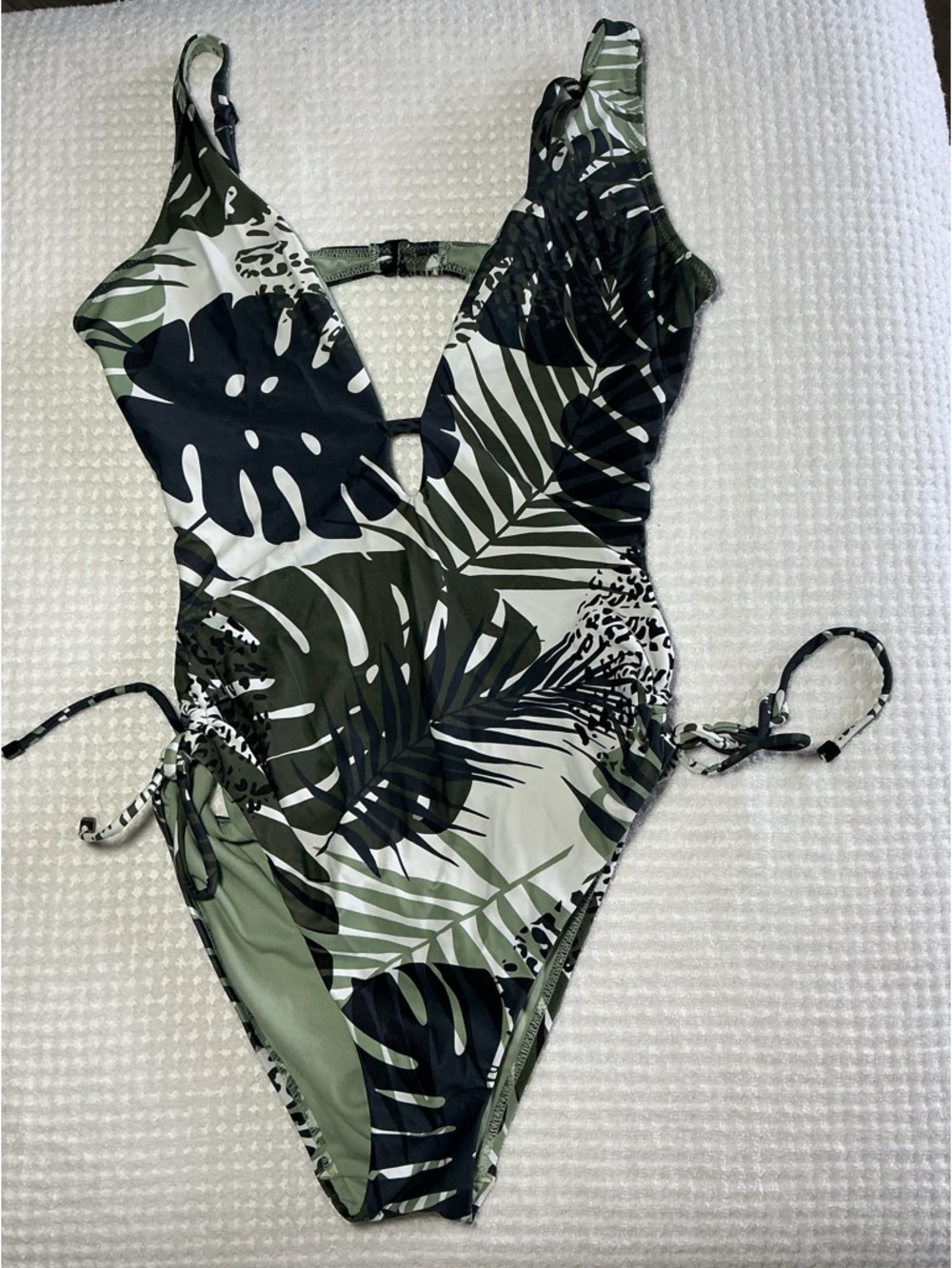 Bar III Green and White Leaf Monokini One Piece Swimsuit